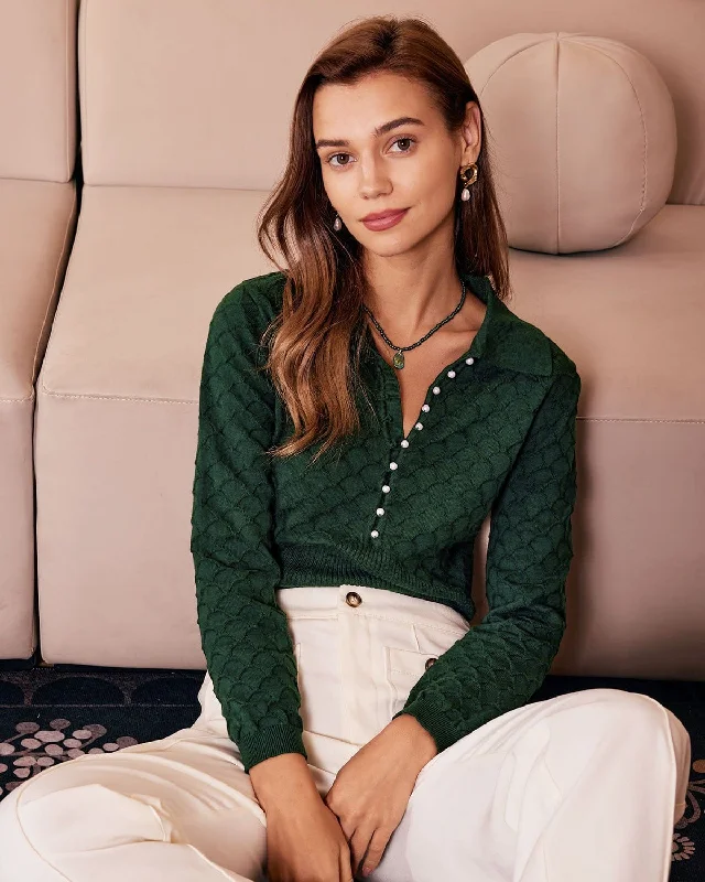 Extra long version The Dark Green Lapel Ribbed Textured Knit Top