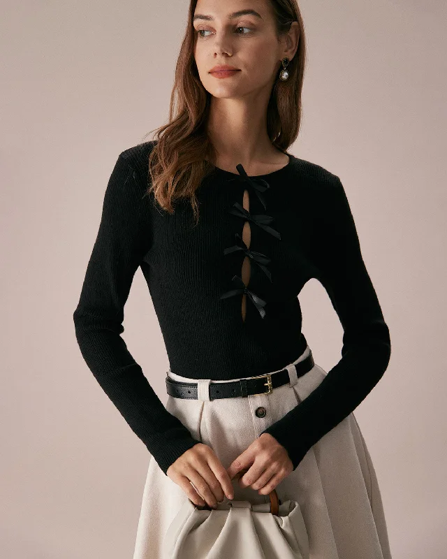 Sports Design The Black Boat Neck Bowknot Front Knit Top