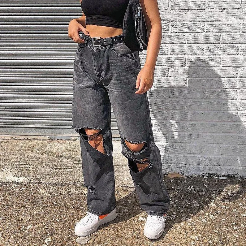 Body Design Retro Ripped Jeans Pants Loose Solid Color Casual Women Wholesale Denim Jeans