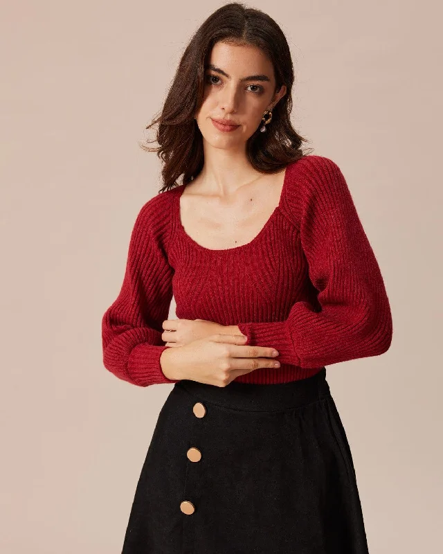 Customized Version The Red Scoop Neck Lantern Sleeve Sweater