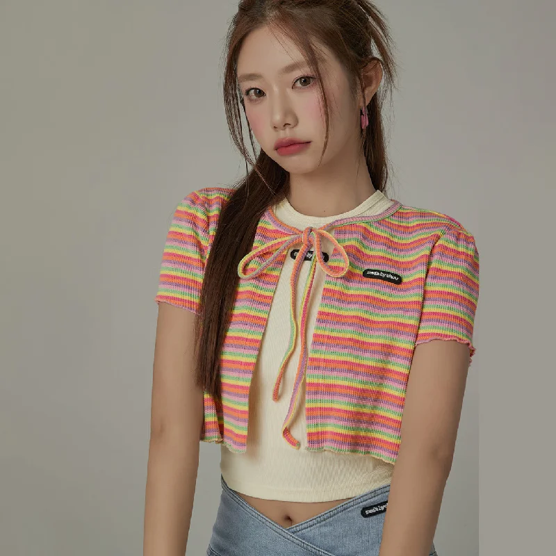 Bright Colors Ribbon Striped Crop Cardigan