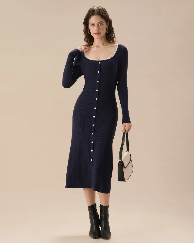 Fashion Elements Navy Contrasting Button-Up Sweater Dress