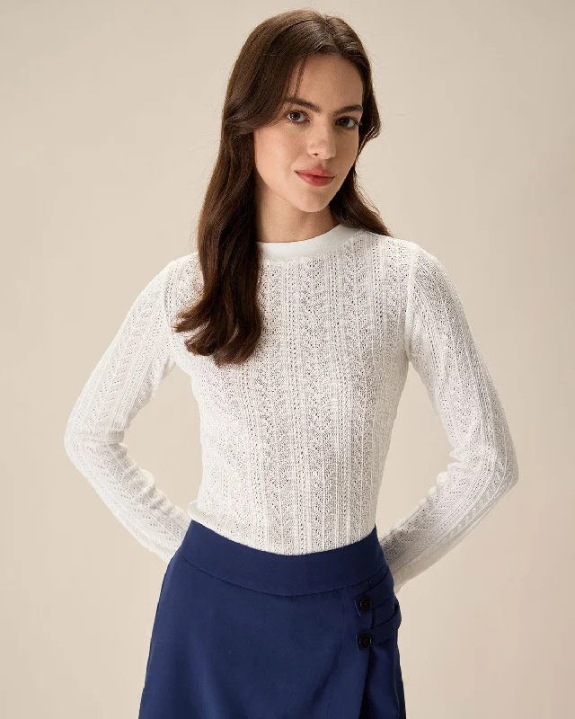 Noble And Elegant White See-Through Knit Tee
