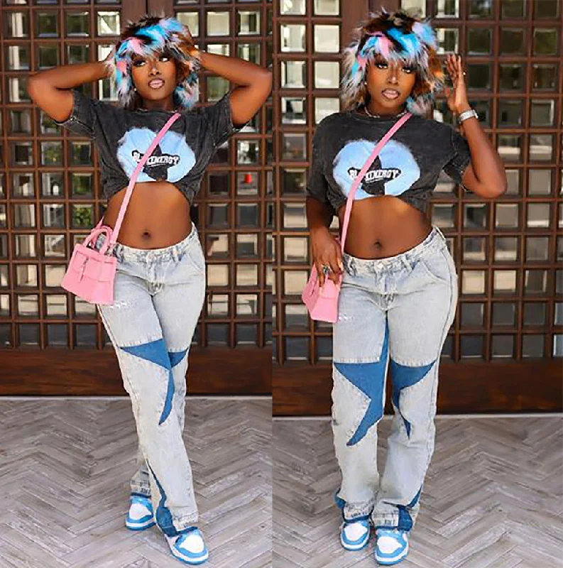 All-Day Comfort C2486 Wholesale fashion street pentagram print high waisted women's Jeans
