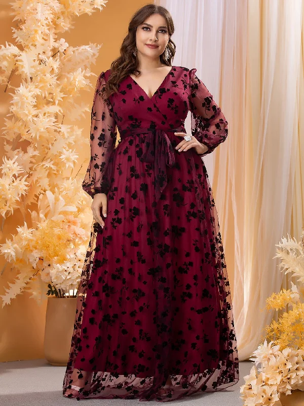 Design Perception Glamorous Floral Contrast Mesh Long Sleeve V Neck Flared High Waist Maxi Plus Size Dress Design Perception Glamorous Floral Contrast Mesh Long Sleeve V Neck Flared High Waist Maxi Plus Size Dress