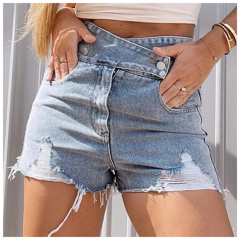 Free And Comfortable Fashion Ripped High Waist Wholesale Denim Shorts Solid Color Short Pants Free And Comfortable Fashion Ripped High Waist Wholesale Denim Shorts Solid Color Short Pants