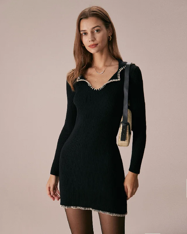 Casual And Versatile The Black Contrast Stitch Sweater Mini Dress