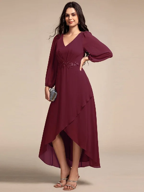 Elegant and noble Nora | Long Lantern Sleeves Waist Applique Chiffon Formal Evening Dress