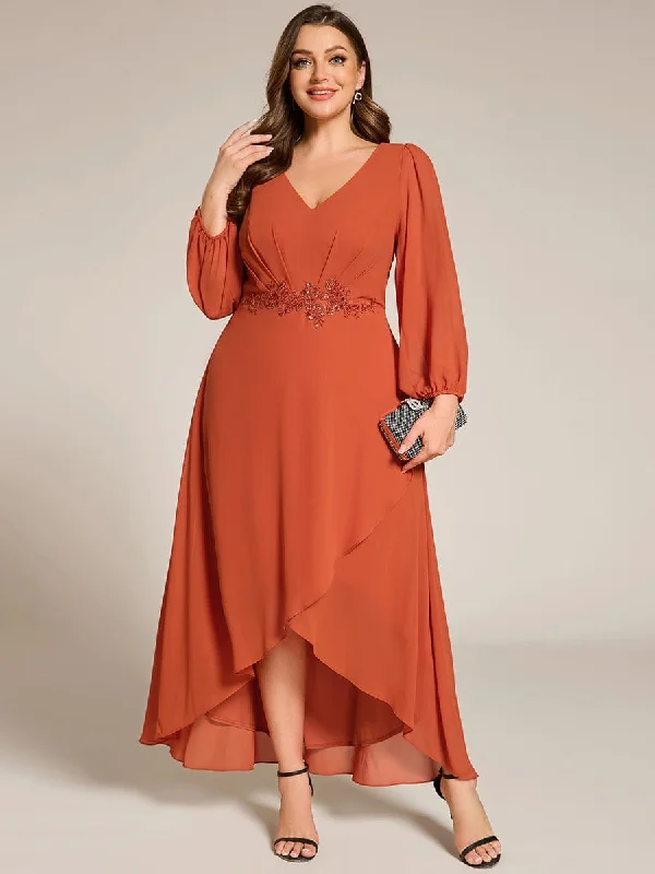 Sports High Waist Style Nora | Plus Size V-Neck Long Sleeves Chiffon Formal Evening Dress with Applique Sports High Waist Style Nora | Plus Size V-Neck Long Sleeves Chiffon Formal Evening Dress with Applique