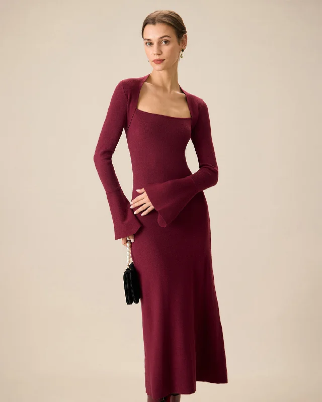 Classic Retro The Red Square Neck Flare Sleeve Midi Dress
