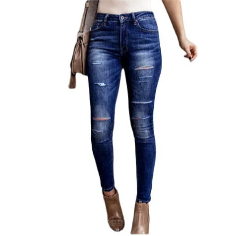 Simple Comfort Washed-Out Ripped Wholesale Women Pencil Jeans