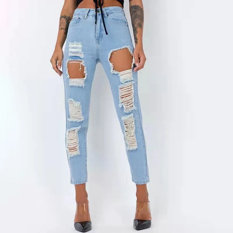 Versatile Style Washed-Out Frayed Cut-Off Wholesale Casual Jeans