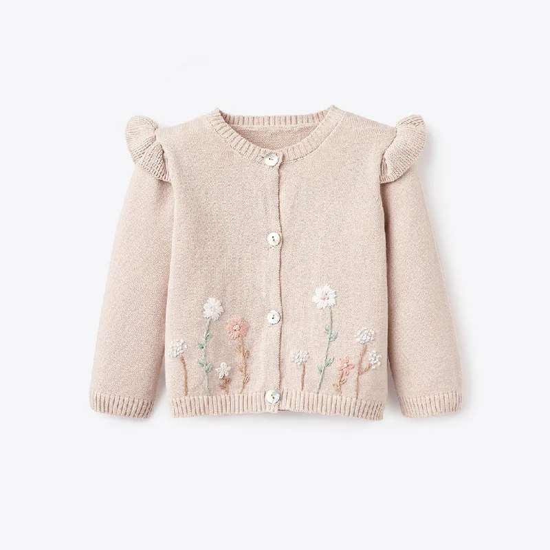 Elegant Wear Taupe Flutter Sleeve Hand-Embroidered Baby Cardigan