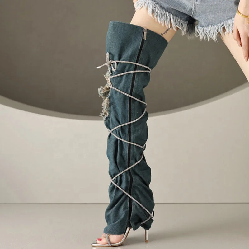 Design Must-have Women Denim Upper Custom Styles Over Knee High Boots Ladies High Heels Lace Up Pants Shoe Summer Jeans Sandals Long Booties Design Must-have Women Denim Upper Custom Styles Over Knee High Boots Ladies High Heels Lace Up Pants Shoe Summer Jeans Sandals Long Booties