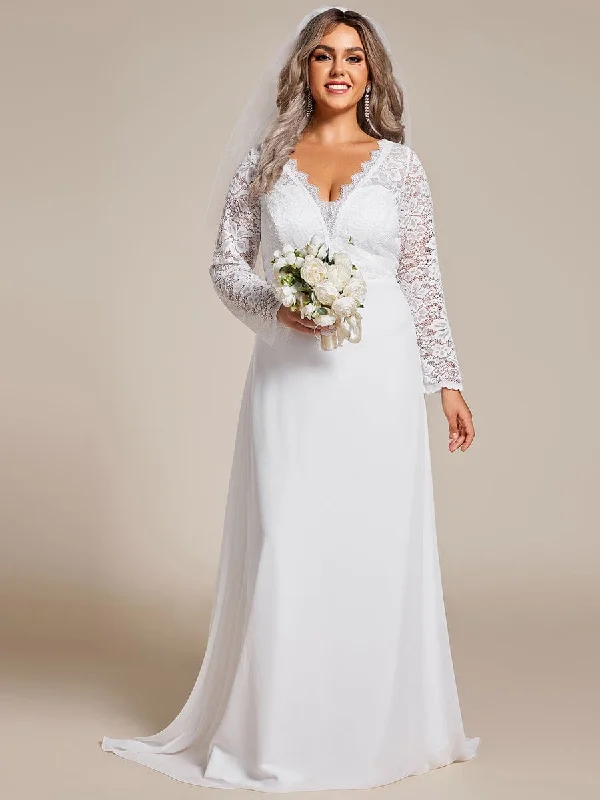 Youthful Street Fashion Nola | Plus Size Lace Long Sleeves Eyelash Edge Bodycon Mermaid Chiffon Wedding Dress Youthful Street Fashion Nola | Plus Size Lace Long Sleeves Eyelash Edge Bodycon Mermaid Chiffon Wedding Dress