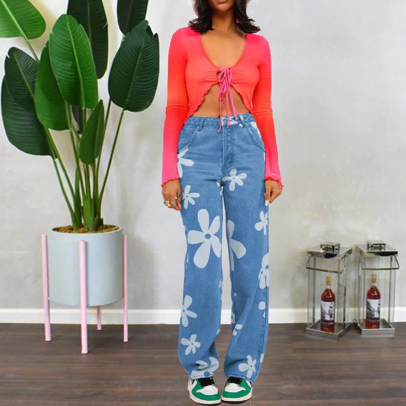 Fashionable Items Floral Print Fashion Straight Denim Trousers High Waist Maxi Pants Wholesale Womens Jeans Fashionable Items Floral Print Fashion Straight Denim Trousers High Waist Maxi Pants Wholesale Womens Jeans