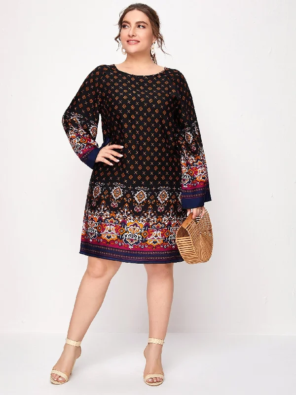 Fresh And Natural Boho Paisley Long Sleeve Round Neck Straight Natural Short Plus Size Dress Fresh And Natural Boho Paisley Long Sleeve Round Neck Straight Natural Short Plus Size Dress
