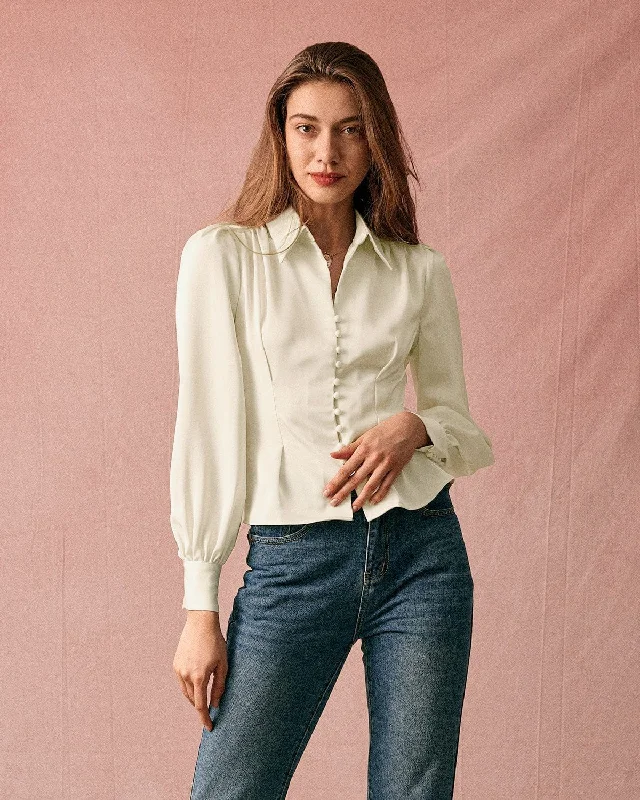 Beautiful Romance The Solid Collared Puff Sleeve Satin Blouse