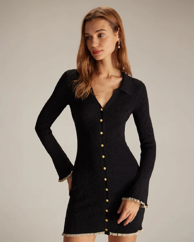 High-end Fabrics The Black V Neck Contrast Trim Knit Mini Dress