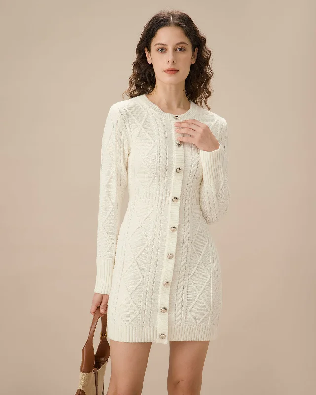 Embroidered Letters White Round Neck Bodycon Sweater Dress