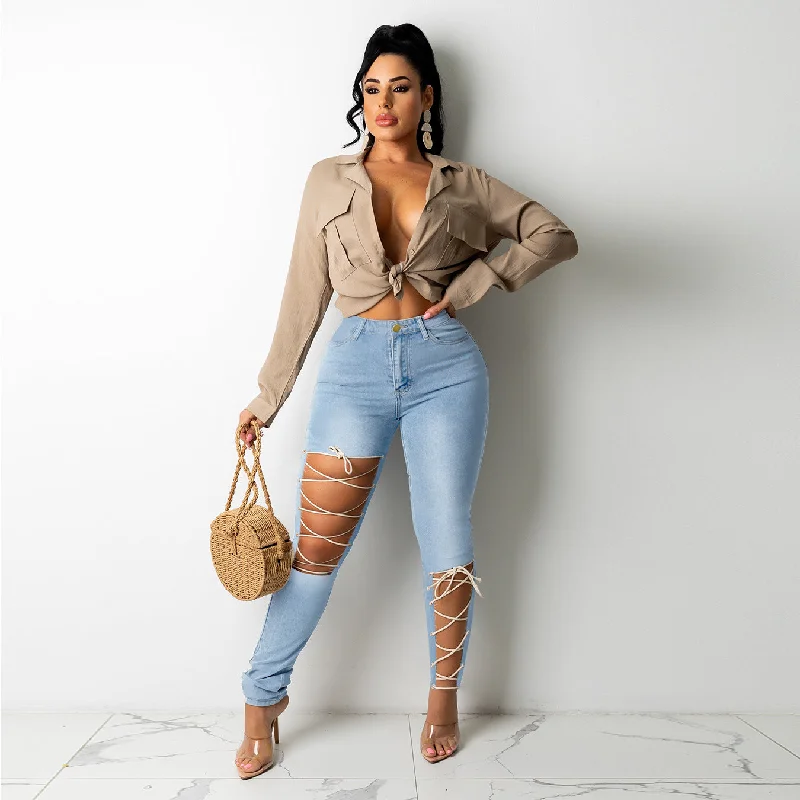 Retro Style New Women Wholesale Spring And Autumn Strappy Skinny Jeans