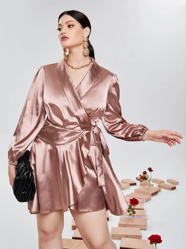 Double-sided Wear Glamorous Plain Tie Front Long Sleeve V Neck Wrap High Waist Short Plus Size Dress Double-sided Wear Glamorous Plain Tie Front Long Sleeve V Neck Wrap High Waist Short Plus Size Dress