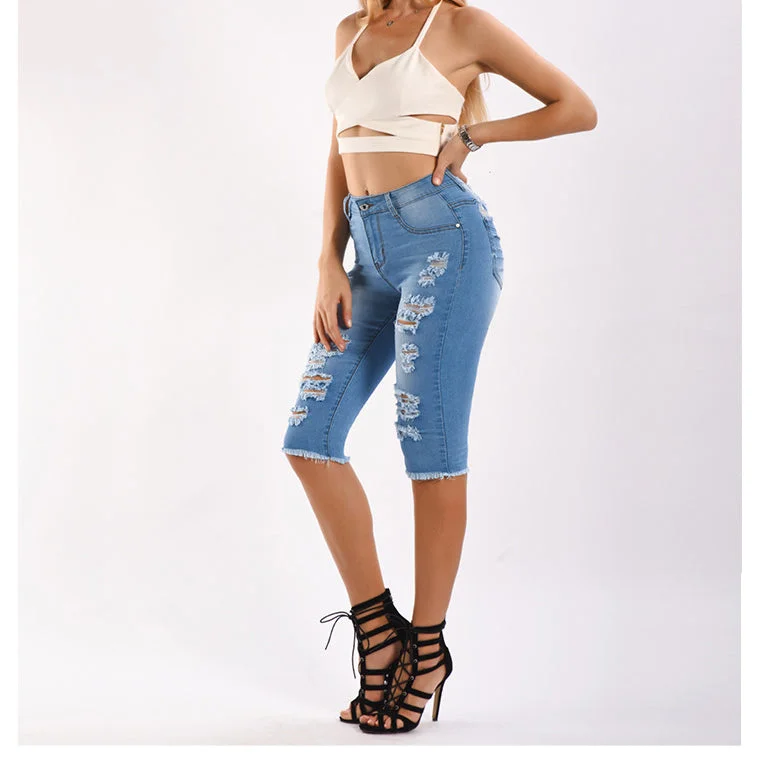 Versatile Itinerary Denim Hole Ripped Distressed Knee Length Stretch Wholesale Jean Shorts Versatile Itinerary Denim Hole Ripped Distressed Knee Length Stretch Wholesale Jean Shorts