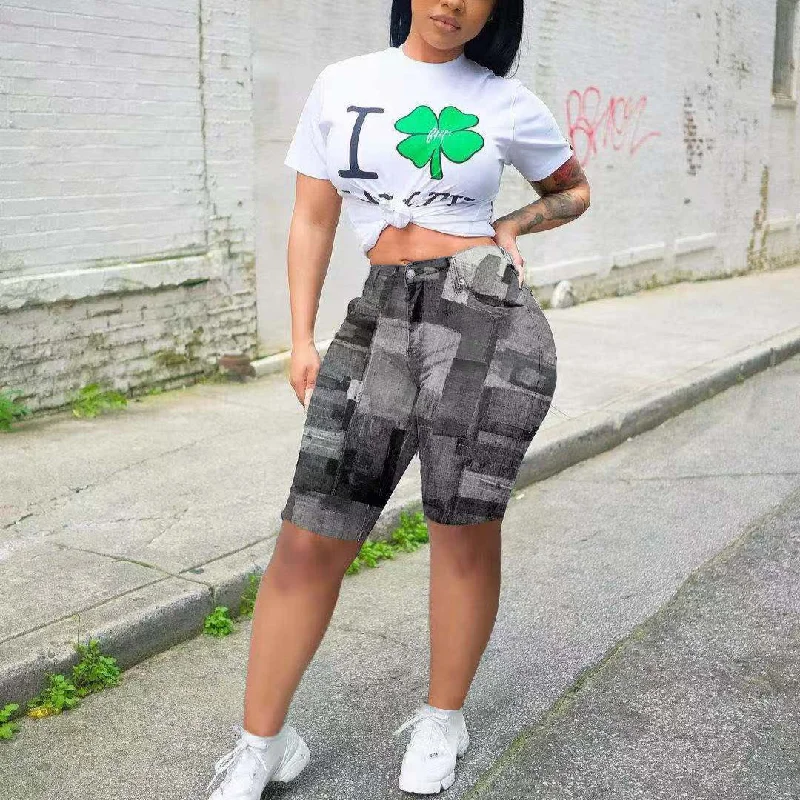 Retro Skirt Design Slim Colorblock Streetwear Pocket Denim Shorts