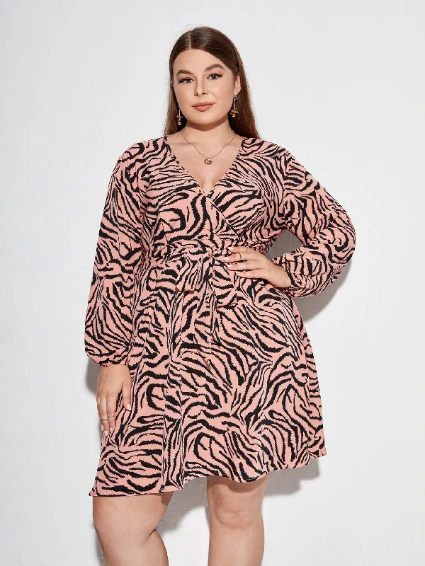 Sports litigation style Elegant Zebra Stripe Wrap Long Sleeve V Neck Flared High Waist Short Plus Size Dress Sports litigation style Elegant Zebra Stripe Wrap Long Sleeve V Neck Flared High Waist Short Plus Size Dress