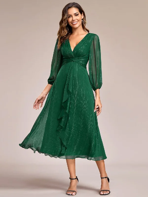 European And American Style Custom Size See-Through Long Sleeve Twist Knot A-Line Lotus Leaf Shimmering Evening Dress