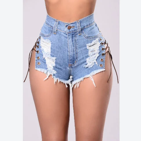 Warm Comfort Lace-Up Shredded Denim Shorts Hot Pants Sexy Womens Clothing Summer