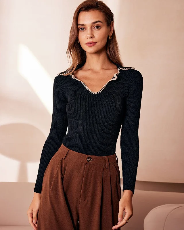 Letter embroidery The Black Lapel Seam Colorblock Knit Top