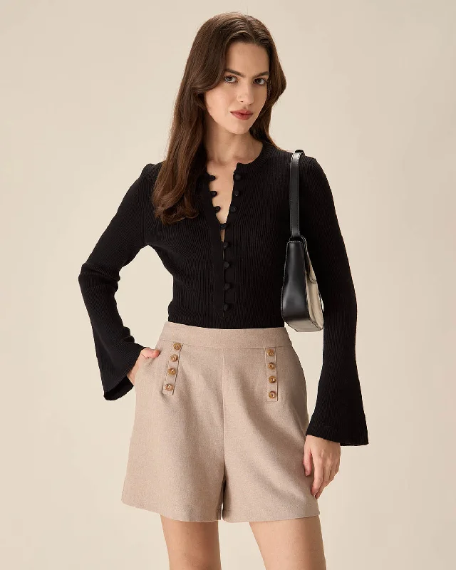 Loose Fit The Black Round Neck Button Up Knit Top