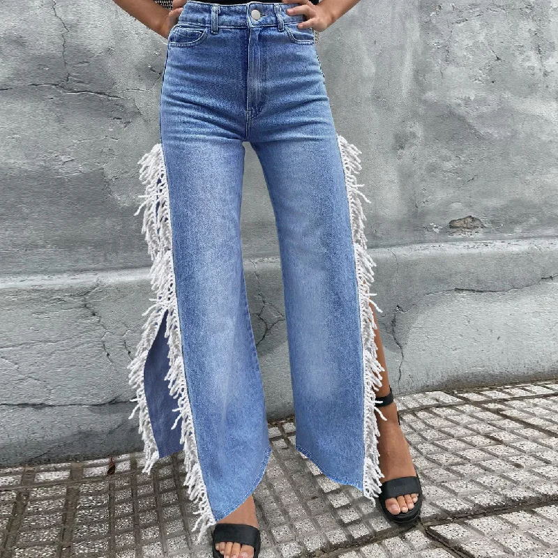 Exquisite Tailoring Fashion Fringed Slit Denim Trousers Wide-Leg Pants Wholesale Womens Jeans Exquisite Tailoring Fashion Fringed Slit Denim Trousers Wide-Leg Pants Wholesale Womens Jeans