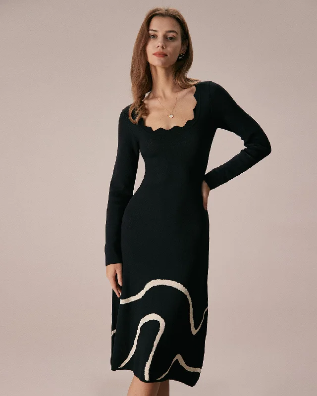Sweet Girl The Black Wave Scalloped Sweater Midi Dress