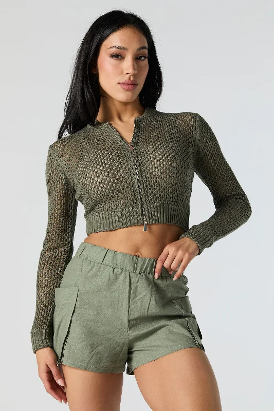 Retro Stripes Open Knit Zip-Up Cropped Sweater