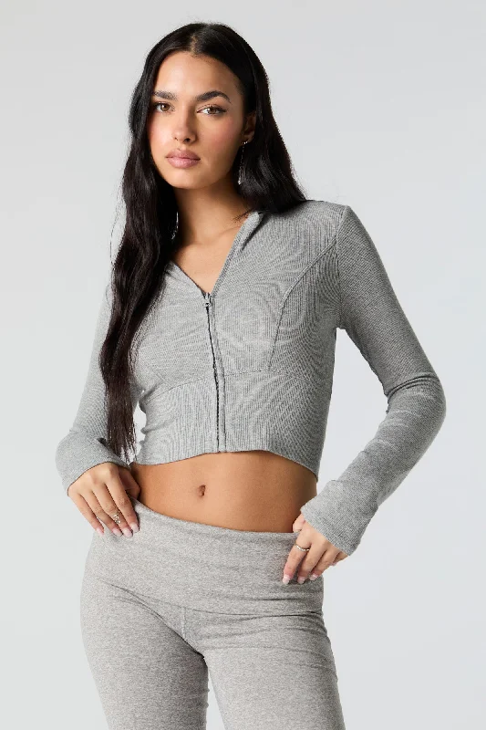 Cozy Outerwear Ribbed Zip-Up Cropped Hoodie