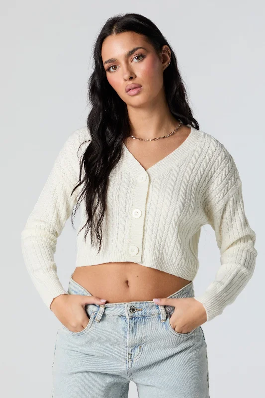 Comfortable Dresses Cable Knit Button-Up Cropped Cardigan