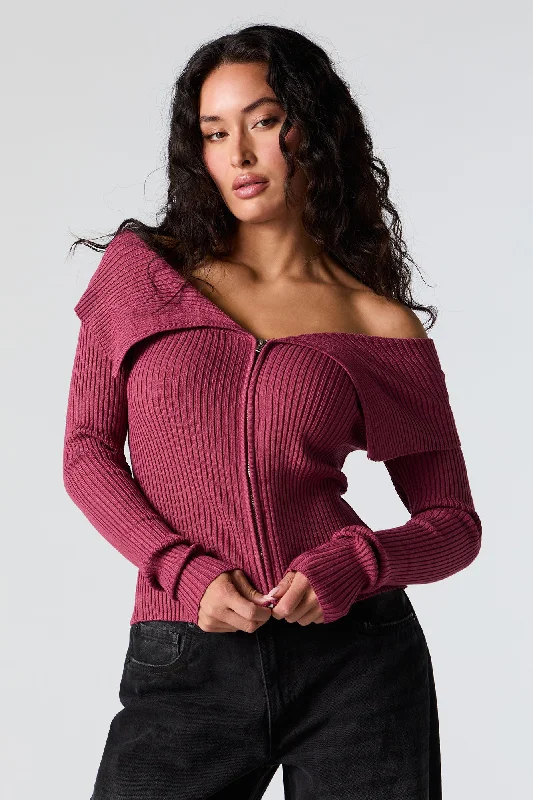 Versatile Style Ribbed Knit Zip-Up Off Shoulder Sweater