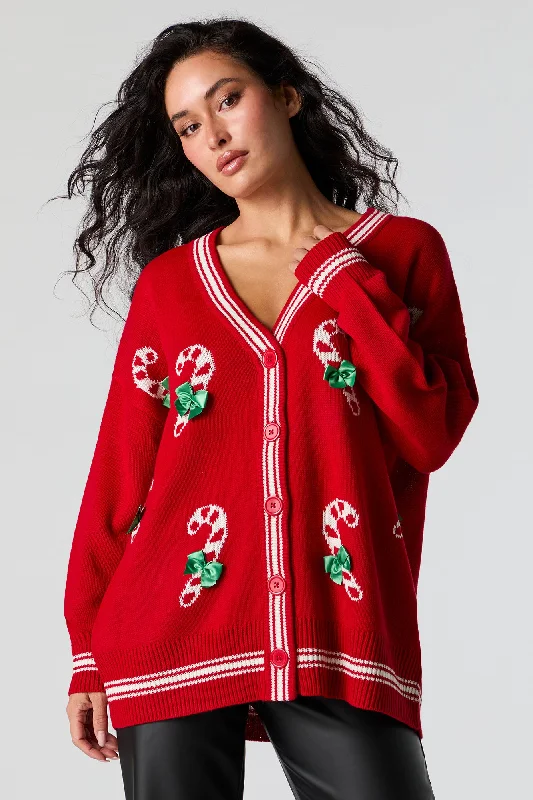 Relaxed Dresses Candy Cane Jacquard Knit Christmas Cardigan
