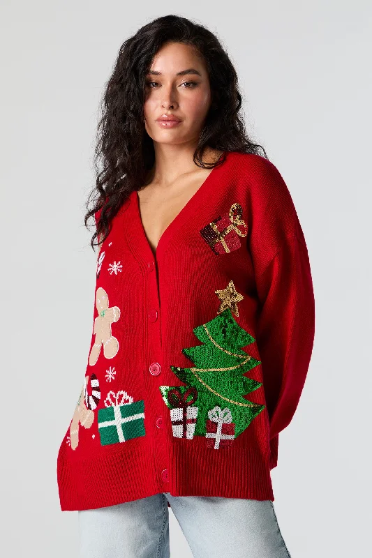 Effortless Wear Sequin Jacquard Knit Christmas Cardigan
