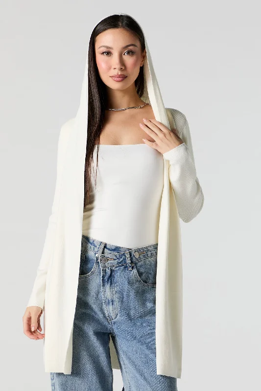 Sports suit style Ribbed Hooded Open Front Cardigan