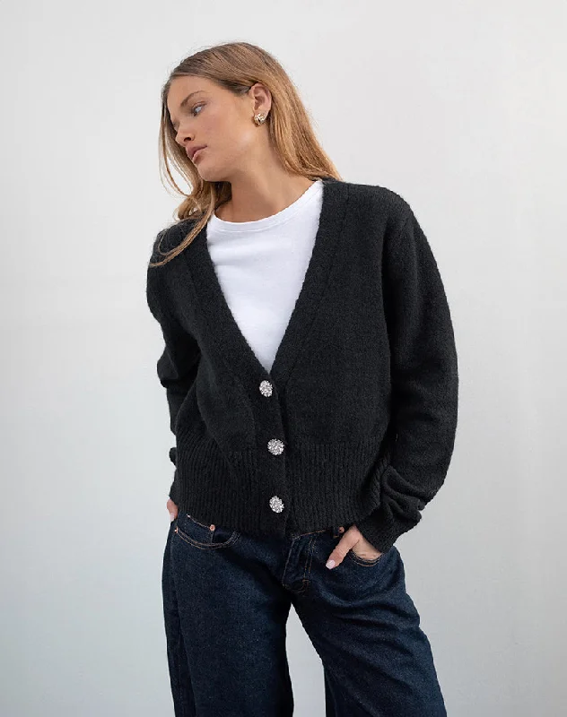 Exquisite workmanship Acera Knitted Cardigan in Black with Silver Flower Buttons