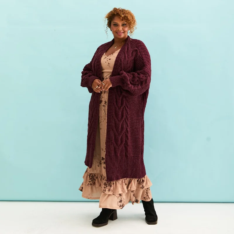 High-end atmosphere Alex Cable Oversized Balloon Sleeve Maxi Cardigan - Burgundy