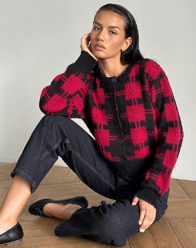 Slim Fit Anzio Cardigan in Black and Red Check Knit