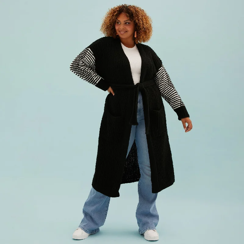 Mid-length Style Becca Mono Sleeve Belted Long Cardigan - Black