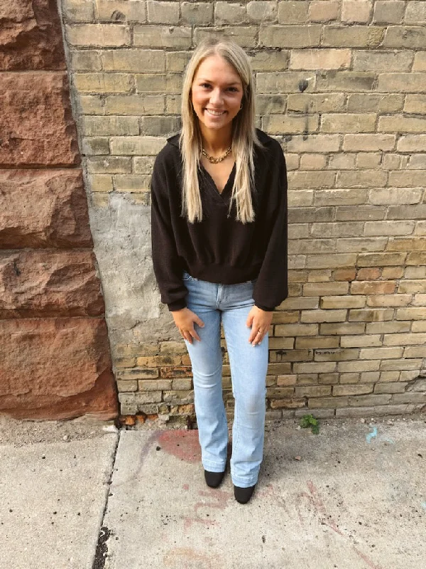 Urban Style Black Collared Long Sleeve Top