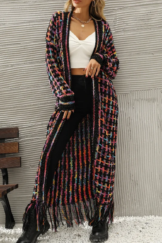 Retro Lace Fabric Black Plaid Fringe Hem Long Knit Cardigan