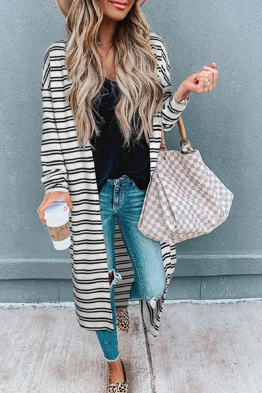 Street Vertical And Horizontal Design Black Stripe Print Open Front Duster Cardigan