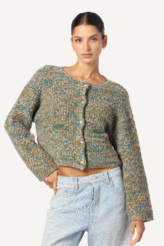 Printed pattern CHARLENE CASHMERE CROPPED WELT POCKET JACKET | MATTE GOLD MULTI